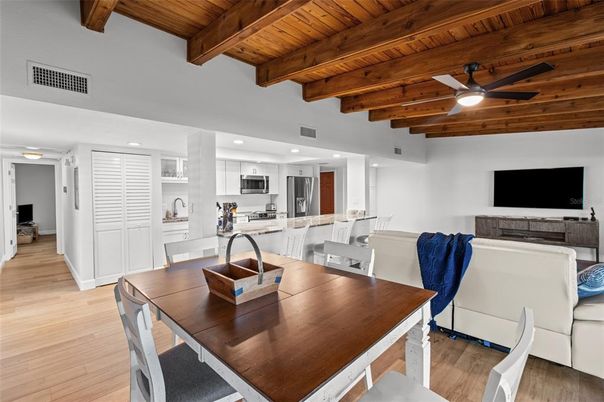 Dining room, Interior, Kitchen, Recessed Lighting, Stainless Steel Appliances, Wooden Beams, Wooden Ceilings, Wood Texture Flooring