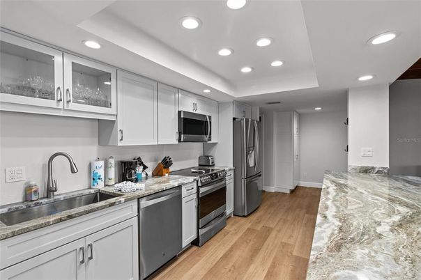 Interior, Kitchen, Recessed Lighting, Stainless Steel Appliances, Wood Texture Flooring
