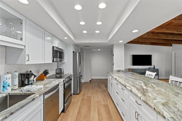 Interior, Kitchen, Recessed Lighting, Stainless Steel Appliances, Wooden Ceilings, Wood Texture Flooring