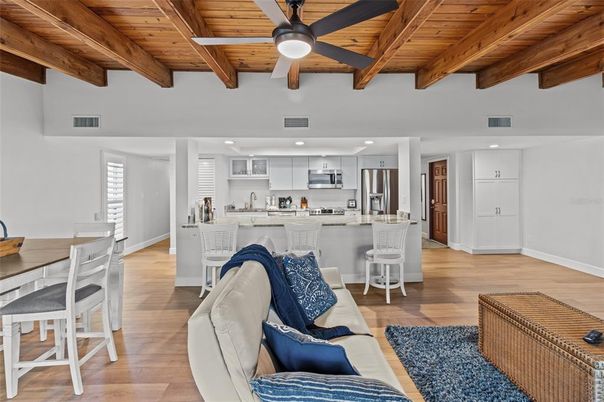 Interior, Kitchen, Living room, Recessed Lighting, Stainless Steel Appliances, Wooden Beams, Wooden Ceilings, Wood Texture Flooring