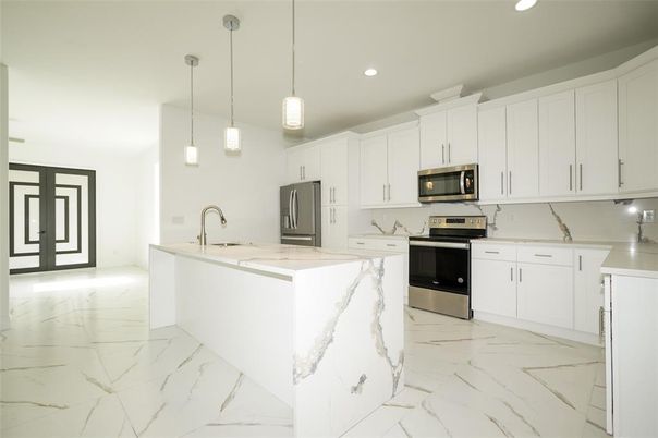 Interior, Kitchen, Marble, Pendant Lights, Recessed Lighting, Stainless Steel Appliances