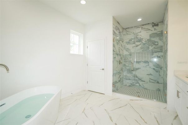 Bathroom, Glass Shower, Interior, Marble, Marble Walls, Recessed Lighting
