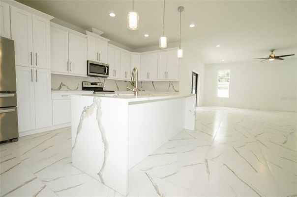 Interior, Kitchen, Marble, Pendant Lights, Recessed Lighting, Stainless Steel Appliances