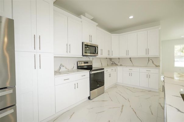 Interior, Kitchen, Marble, Recessed Lighting, Stainless Steel Appliances