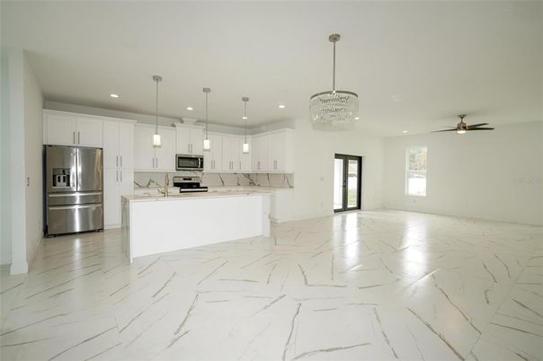 Chandelier, Interior, Kitchen, Marble, Pendant Lights, Recessed Lighting, Stainless Steel Appliances