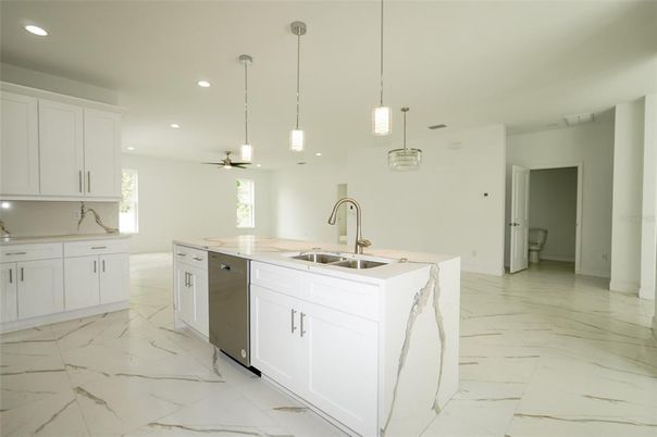 Interior, Kitchen, Marble, Pendant Lights, Recessed Lighting, Stainless Steel Appliances