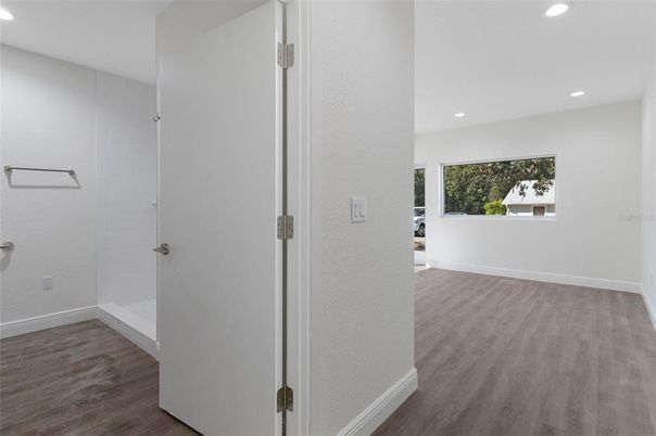 Empty room, Interior, Recessed Lighting, Wood Texture Flooring