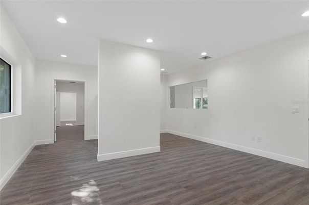 Empty room, Interior, Recessed Lighting, Wood Texture Flooring
