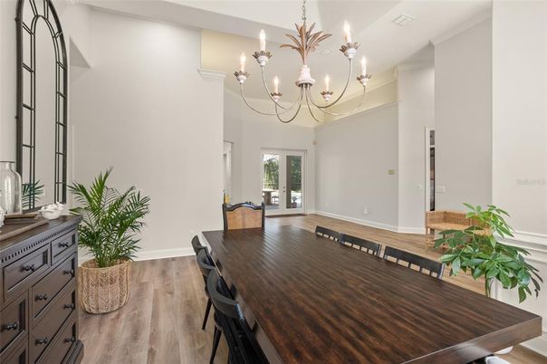 Chandelier, Dining room, Interior, Wood Texture Flooring