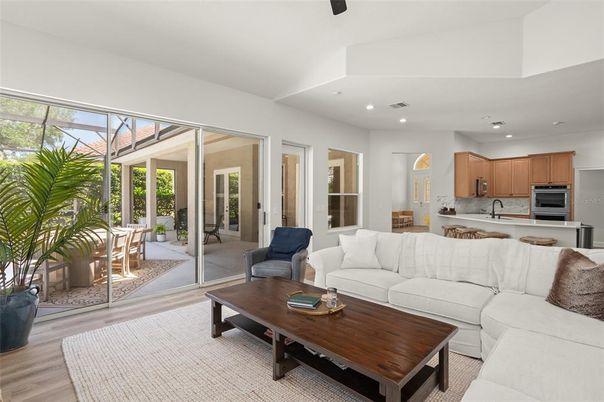 Interior, Kitchen, Living room, Recessed Lighting, Stainless Steel Appliances, Wood Texture Flooring