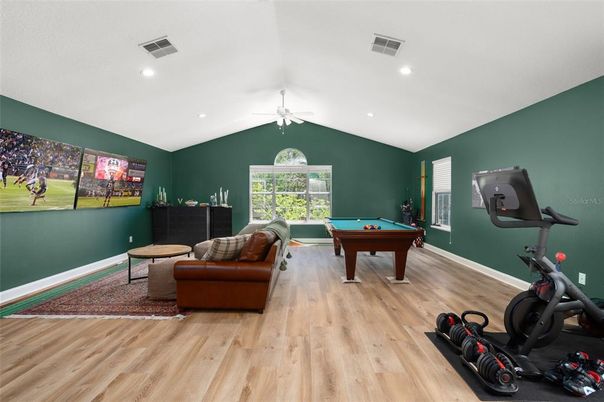Billiard Table, Fitness Equipment, Game Room, Interior, Recessed Lighting, Wood Texture Flooring