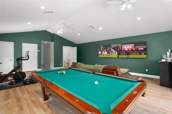 Billiard Table, Fitness Equipment, Game Room, Interior, Recessed Lighting, Wood Texture Flooring