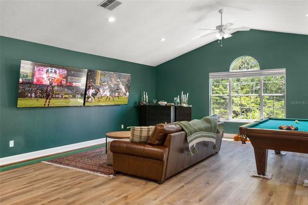 Billiard Table, Game Room, Interior, Recessed Lighting, Wood Texture Flooring