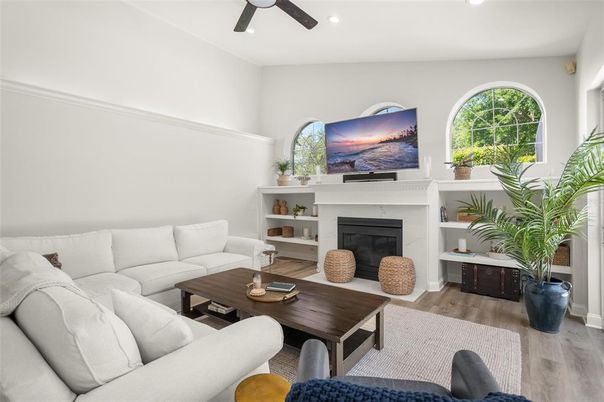 Fireplace, Interior, Living room, Recessed Lighting, Wood Texture Flooring