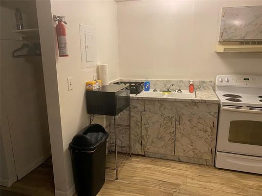 Interior, Kitchen, Marble Walls, Wood Texture Flooring