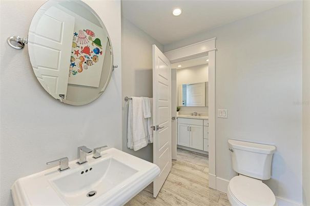 Bathroom, Interior, Recessed Lighting, Wood Texture Flooring
