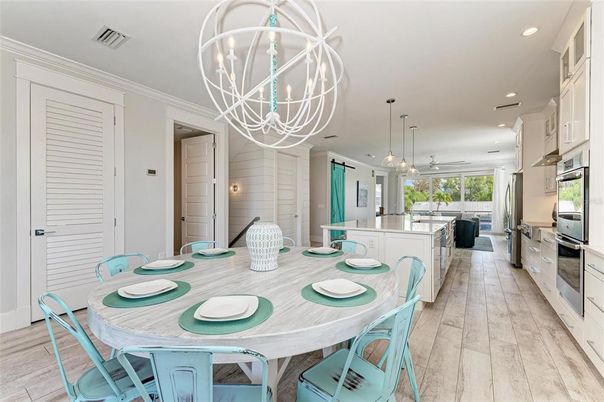 Dining room, Interior, Kitchen, Living room, Pendant Lights, Recessed Lighting, Wood Texture Flooring
