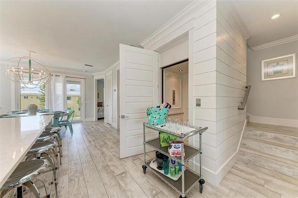 Chandelier, Home Office, Interior, Recessed Lighting, Wood Texture Flooring