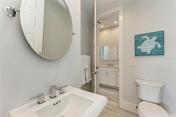 Bathroom, Interior, Recessed Lighting, Wood Texture Flooring