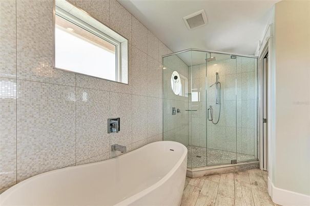 Bathroom, Free Standing Baths, Glass Shower, Interior, Wood Texture Flooring