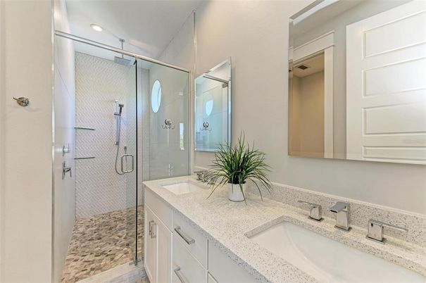 Bathroom, Dual Sink Vanities, Glass Shower, Interior, Recessed Lighting