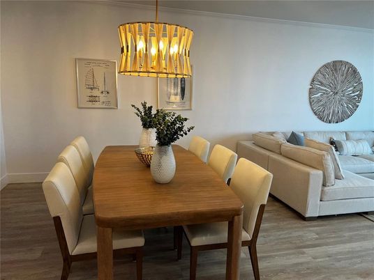 Dining room, Interior, Living room, Pendant Lights, Wood Texture Flooring