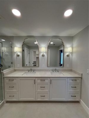 Bathroom, Dual Sink Vanities, Glass Shower, Interior, Recessed Lighting