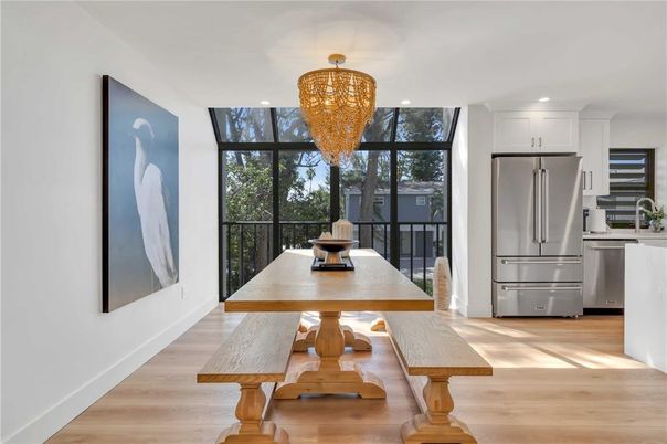Chandelier, Dining room, Interior, Kitchen, Recessed Lighting, Stainless Steel Appliances, Wood Texture Flooring