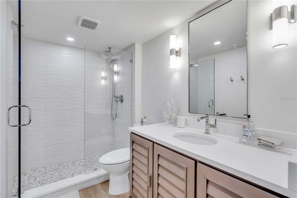 Bathroom, Glass Shower, Interior, Recessed Lighting, Wood Texture Flooring