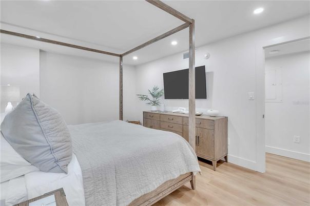 Bedroom, Interior, Recessed Lighting, Wood Texture Flooring