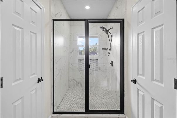 Bathroom, Glass Shower, Interior, Marble Walls, Recessed Lighting