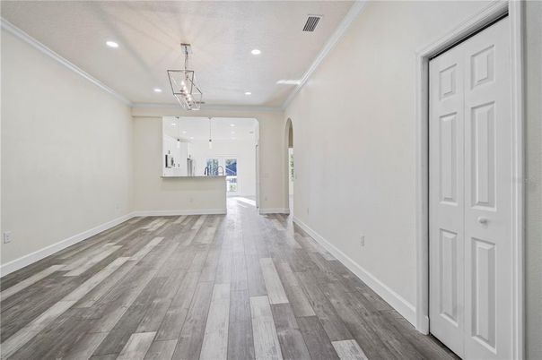 Empty room, Interior, Pendant Lights, Recessed Lighting, Wood Texture Flooring