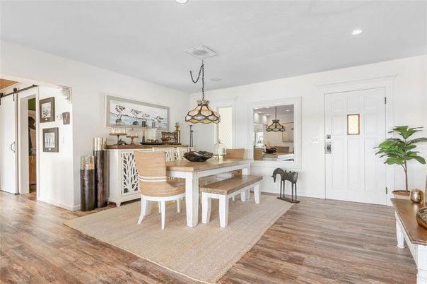Dining room, Interior, Pendant Lights, Recessed Lighting, Wood Texture Flooring