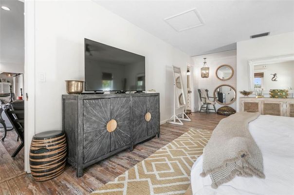 Bedroom, Interior, Pendant Lights, Wood Texture Flooring