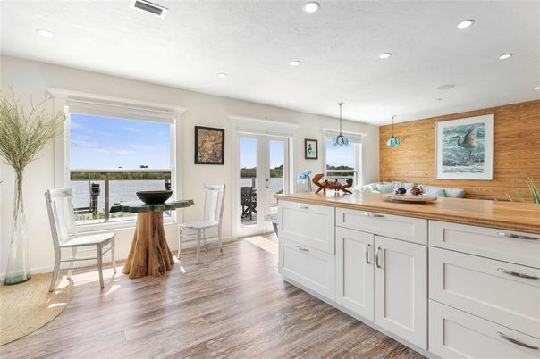 Interior, Kitchen, Recessed Lighting, Water, Wood Texture Flooring, Wooden Walls