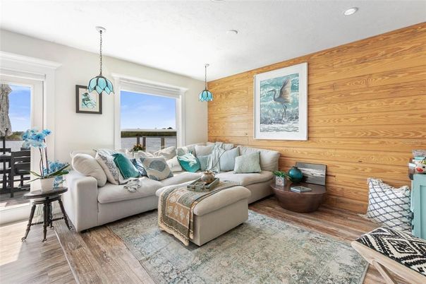 Interior, Living room, Pendant Lights, Recessed Lighting, Water, Wood Texture Flooring, Wooden Walls