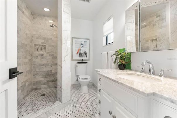 Bathroom, Glass Shower, Interior, Marble Walls, Recessed Lighting