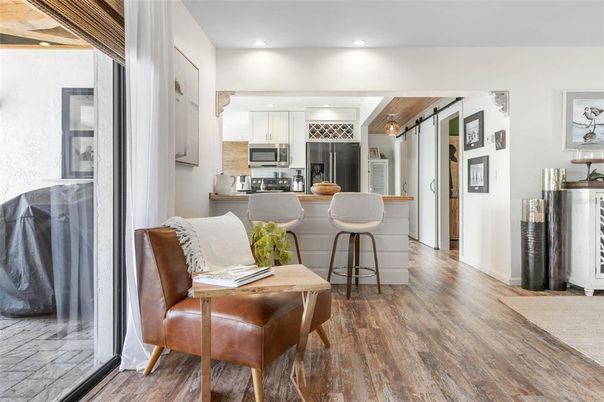 Dining room, Interior, Kitchen, Recessed Lighting, Stainless Steel Appliances, Wood Texture Flooring