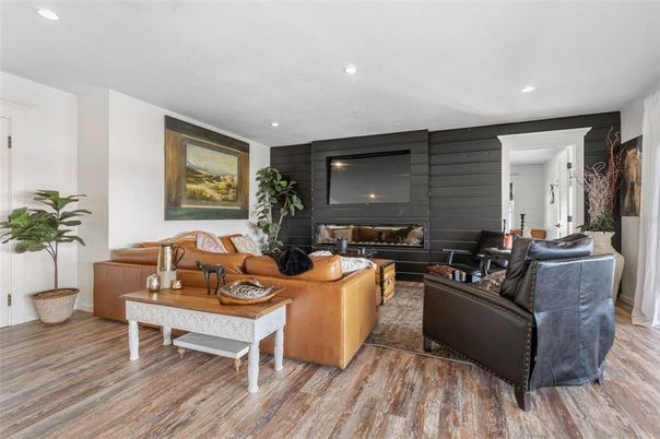 Fireplace, Interior, Living room, Recessed Lighting, Wood Texture Flooring