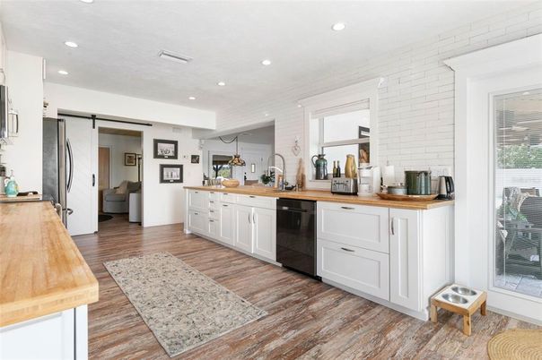 Interior, Kitchen, Recessed Lighting, Stone Walls, Wood Texture Flooring
