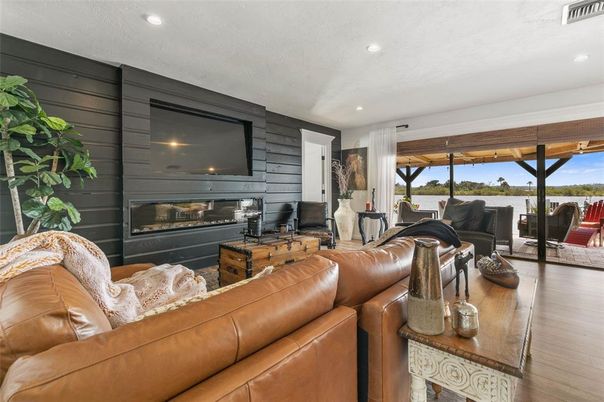 Fireplace, Interior, Living room, Recessed Lighting, Wood Texture Flooring, Wooden Walls