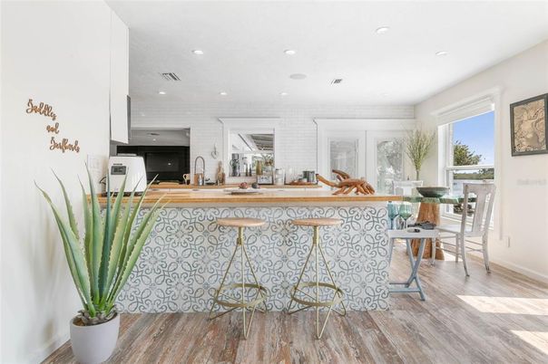 Dining room, Interior, Recessed Lighting, Stone Walls, Wood Texture Flooring