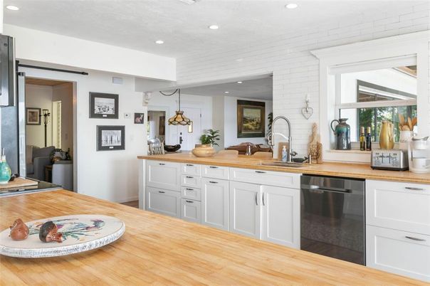 Interior, Kitchen, Recessed Lighting, Stainless Steel Appliances, Stone Walls, Wood Texture Flooring