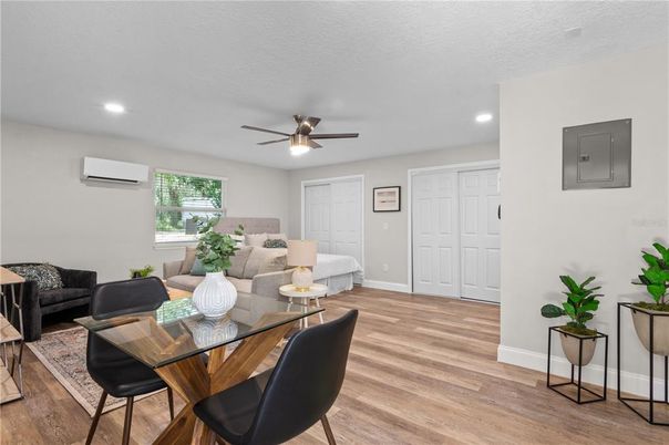 Dining room, Interior, Living room, Recessed Lighting, Wood Texture Flooring