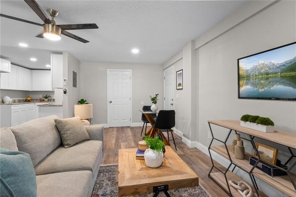 Dining room, Interior, Kitchen, Living room, Recessed Lighting, Wood Texture Flooring