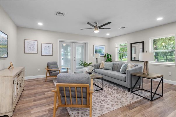 Interior, Living room, Recessed Lighting, Wood Texture Flooring