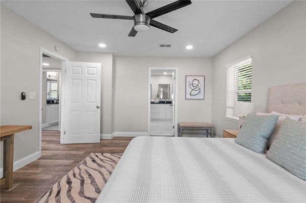 Bedroom, Interior, Recessed Lighting, Wood Texture Flooring