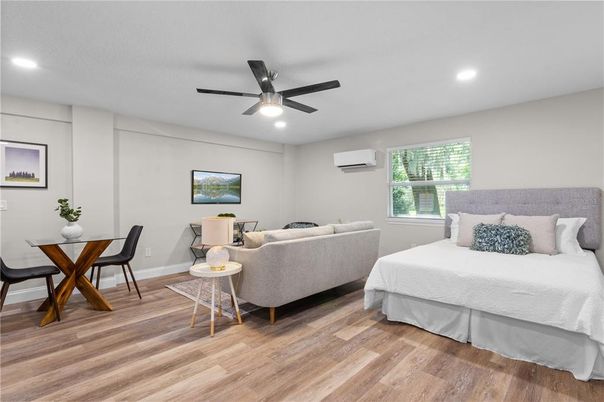 Bedroom, Dining room, Interior, Recessed Lighting, Wood Texture Flooring