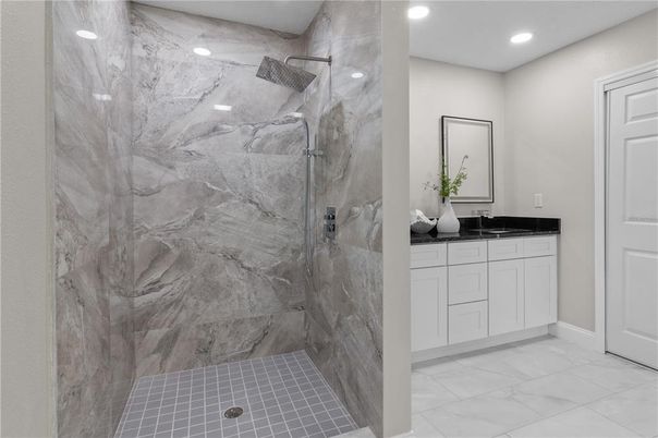 Bathroom, Glass Shower, Interior, Marble, Marble Walls, Recessed Lighting