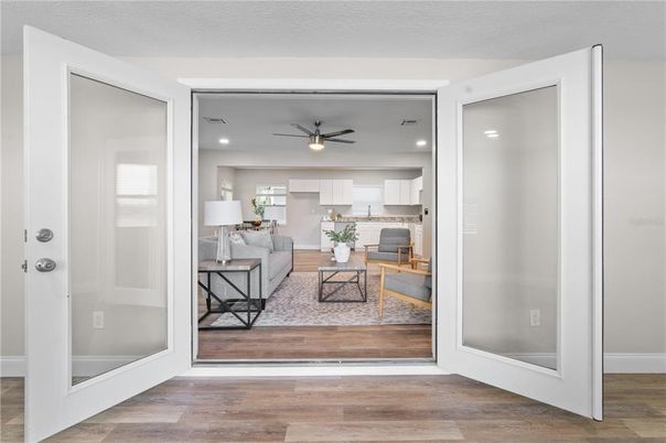 Interior, Kitchen, Living room, Recessed Lighting, Stainless Steel Appliances, Wood Texture Flooring